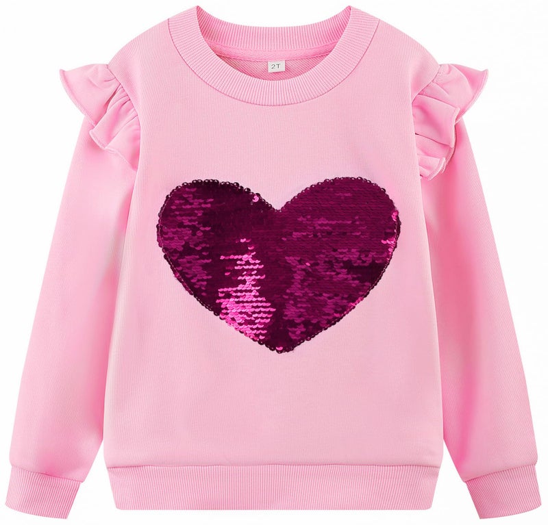 RETSUGO Girls Heart Shirts Toddler Girls Sweatshirts Heart Clothes Sweater Girl Sequin Shirt Kids Pullover Long Sleeve Ruffle Sleeve Baby Girls Pink Valentines Top 7t/8207 - Image 1