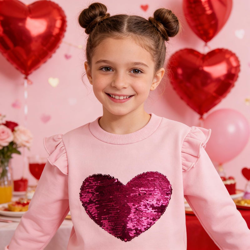 RETSUGO Girls Heart Shirts Toddler Girls Sweatshirts Heart Clothes Sweater Girl Sequin Shirt Kids Pullover Long Sleeve Ruffle Sleeve Baby Girls Pink Valentines Top 7t/8207 - Image 2