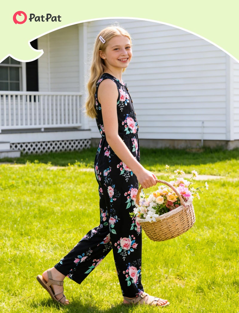 PATPAT Girls Jumpsuit Size 7-8, Pink+Black Floral+White Butterfly, 3 Piece Jumpsuits Girls Rompers Size 7-8, V Neck Sleeveless Button Up Rompers With Pockets, Summer Outfits Kids Overalls - Image 3