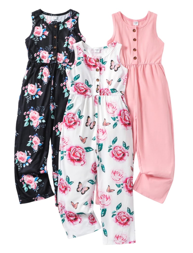 PATPAT Girls Jumpsuit Size 7-8, Pink+Black Floral+White Butterfly, 3 Piece Jumpsuits Girls Rompers Size 7-8, V Neck Sleeveless Button Up Rompers With Pockets, Summer Outfits Kids Overalls - Image 1