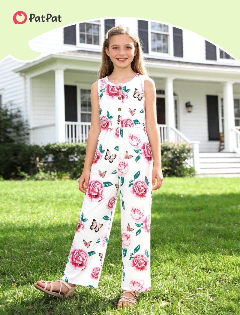 PATPAT Girls Jumpsuit Size 7-8, Pink+Black Floral+White Butterfly, 3 Piece Jumpsuits Girls Rompers Size 7-8, V Neck Sleeveless Button Up Rompers With Pockets, Summer Outfits Kids Overalls - Image 2