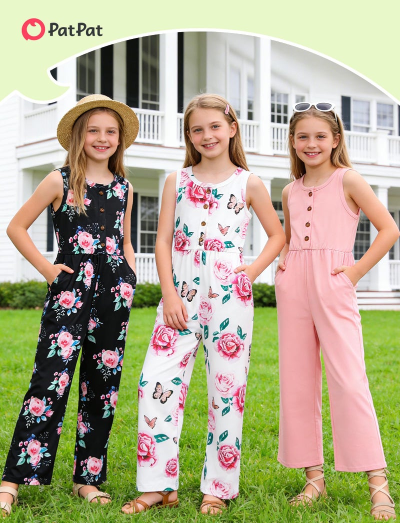 PATPAT Girls Jumpsuit Size 7-8, Pink+Black Floral+White Butterfly, 3 Piece Jumpsuits Girls Rompers Size 7-8, V Neck Sleeveless Button Up Rompers With Pockets, Summer Outfits Kids Overalls - Image 5
