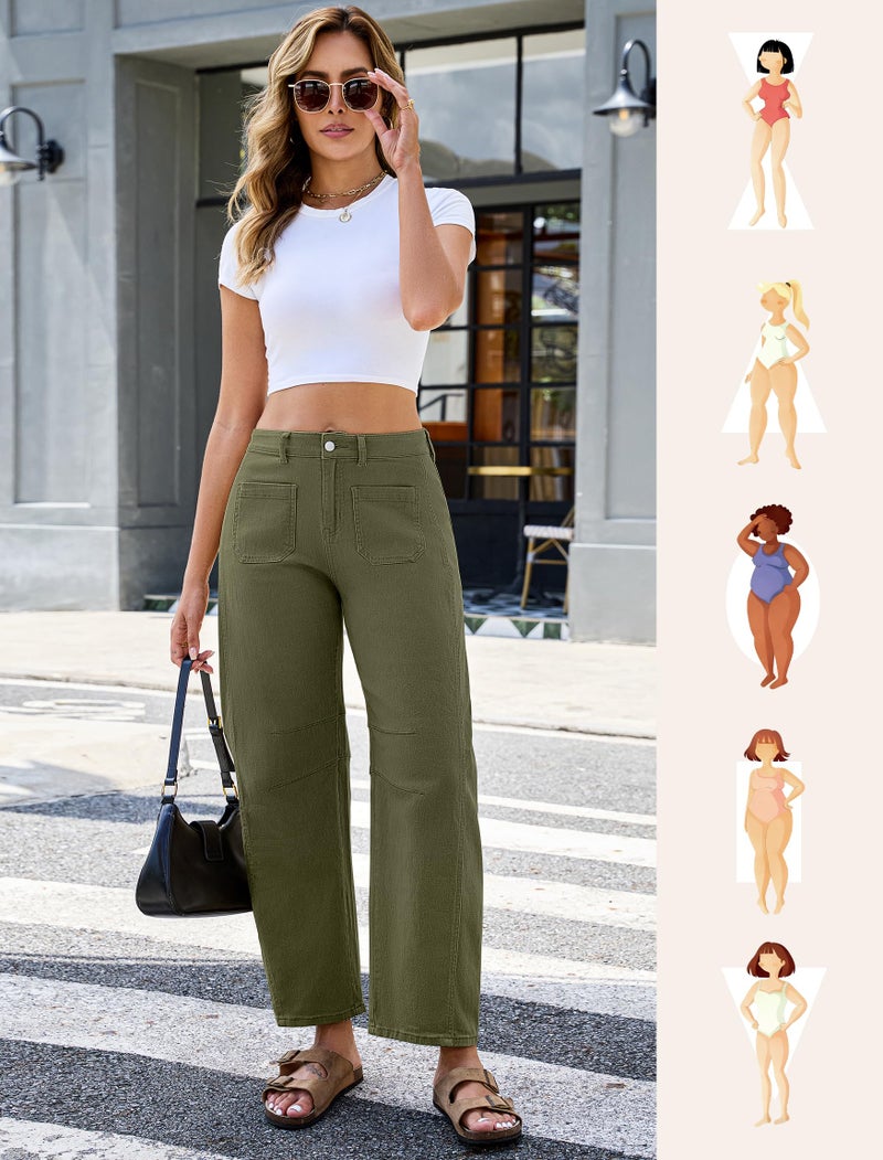 Eddoyee Wide Leg Barrel Pants Women - Stretchy High Waist Baggy Pants Y2k Boyfriend Ankle Trousers with Pockets Army Green - Image 4