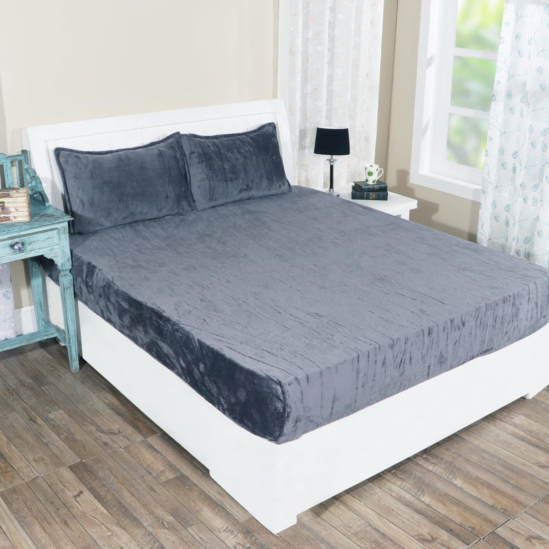 RD TREND 250 GSM Flannel Warm Elastic Fitted Bedsheets for Winter, King Size (78x72x8 Inch), 2 Pillow Covers (18x28 Inch) (Dark Gre, King) - Image 1