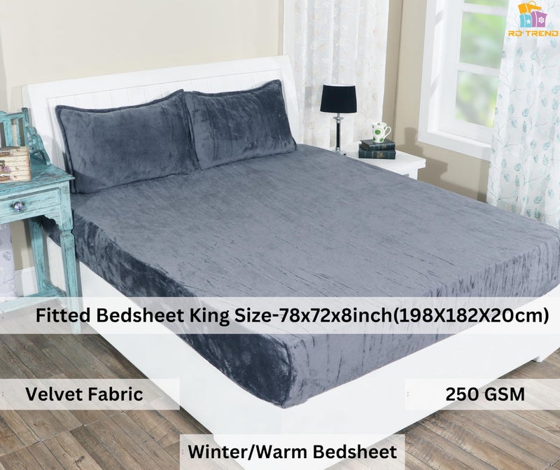 RD TREND 250 GSM Flannel Warm Elastic Fitted Bedsheets for Winter, King Size (78x72x8 Inch), 2 Pillow Covers (18x28 Inch) (Dark Gre, King) - Image 2