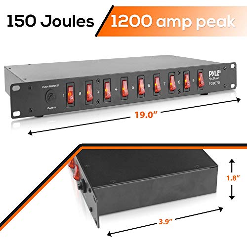 Pyle 15 Amp Power Supply Control Unit - 9 Outlet Rack Mount Power Strip with AC Noise Filter - 1U Steel Chassis - 6ft Cord - Surge Protection for Equipment Control - PDBC70 - Image 2