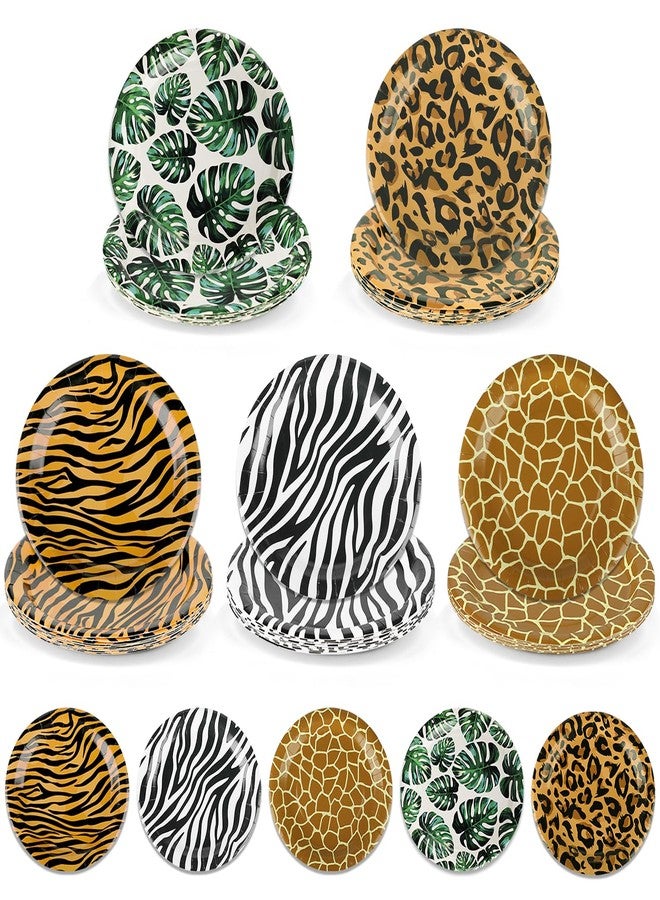 Resflyar 50 PCS Jungle Safari Party Tableware Supplies, Disposable Wild Animal 7 Inch Paper Plates, Zebra Giraffe Leopard Plates for Jungle Zoo Animal Themed Baby Shower Birthday Party Decor, Serves 50 Guests - Image 1