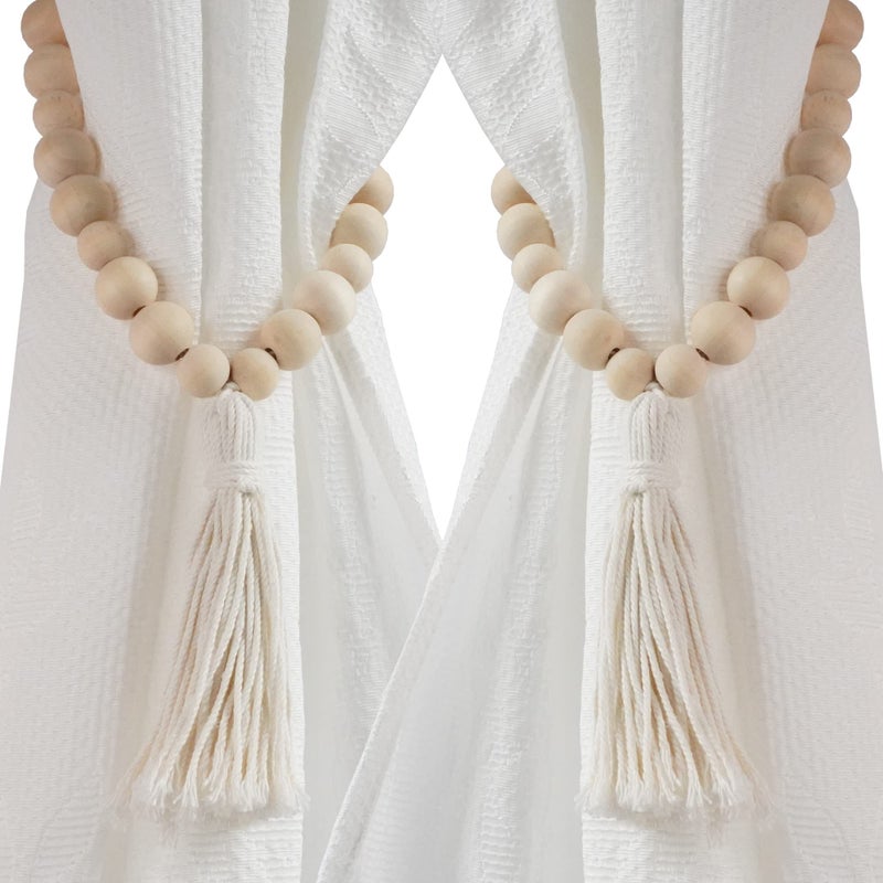 YELLOW LOTUS YELLOW LOTUS Boho Curtain Tiebacks  2 Pack Boho Curtain Tie Backs for Curtain Pull Backs Wood Bead Curtain Holdbacks No Drill Hooks Nursery Drape Tiebacks Holder Curtain Tieback 25 inch 