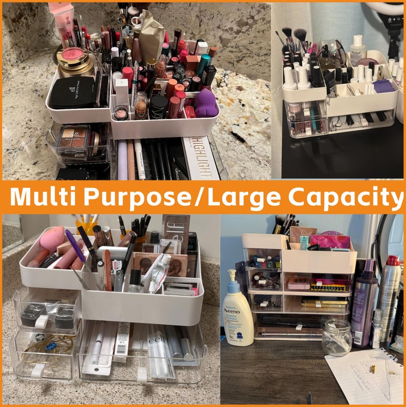 Cq acrylic White Makeup Organizer With Drawers,Large Skincare Organizers for Countertop,Desk,Dresser,Plastic Bathroom Counter Organizer for Brush,Palettes,Perfume,Beauty Products Organization,Skin Care Storage - Image 4