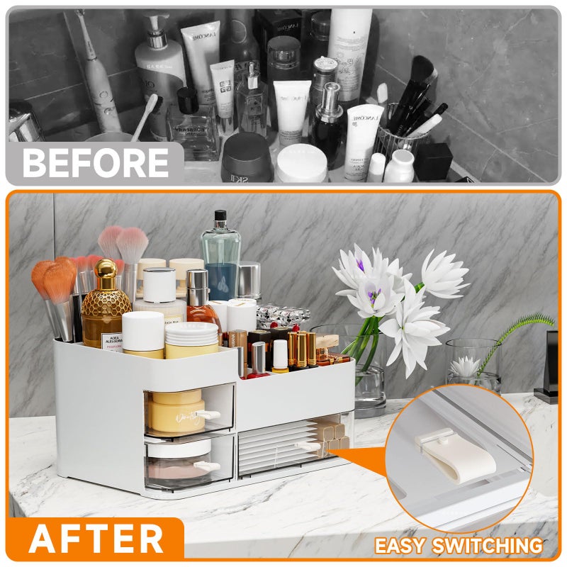 Cq acrylic White Makeup Organizer With Drawers,Large Skincare Organizers for Countertop,Desk,Dresser,Plastic Bathroom Counter Organizer for Brush,Palettes,Perfume,Beauty Products Organization,Skin Care Storage - Image 5