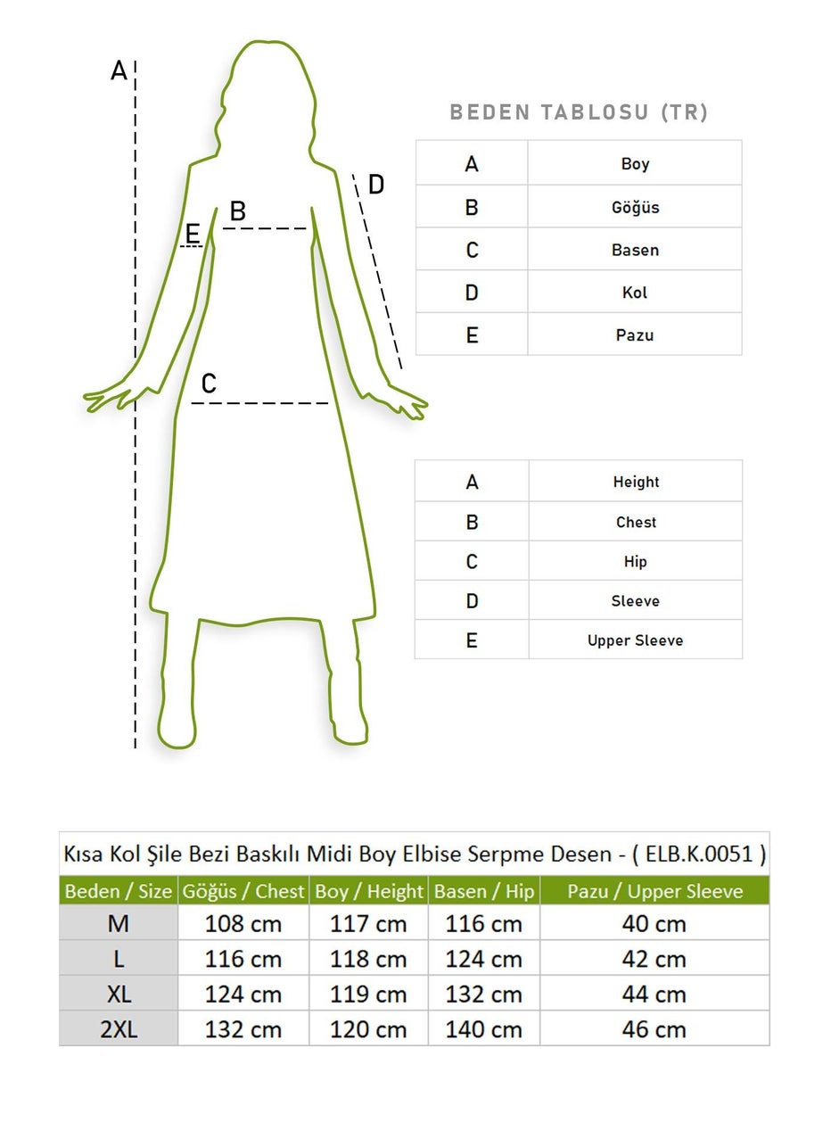 Eliş Şile Bezi - Kısa Kol Şile Bezi Baskılı Midi Boy Yazlık Elbise Serpme Desen Haki Hk - Image 1