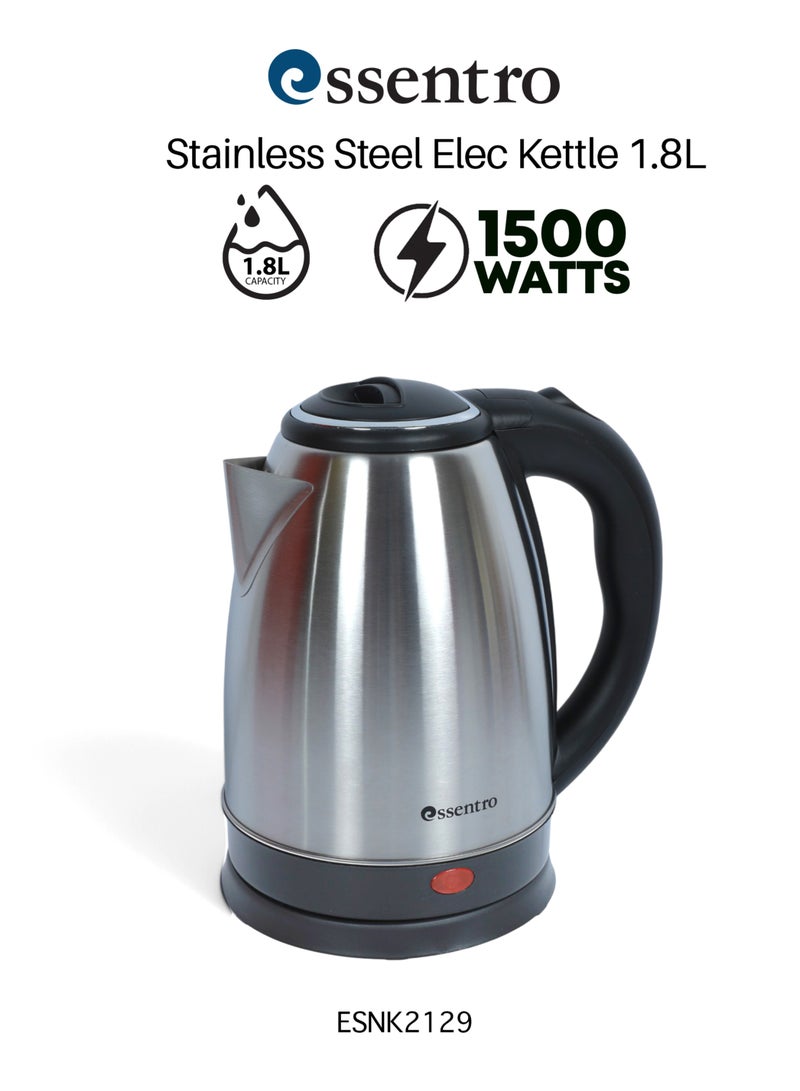 ESSENTRO Stainless Steel Electric Kettle 1.8L With 360-Degree Rotation Base,Triple Safety Protection With  Auto Shut Off, Protection From Over Heating & Dry Boil, 1500W Silver ESNK2129 - Image 1
