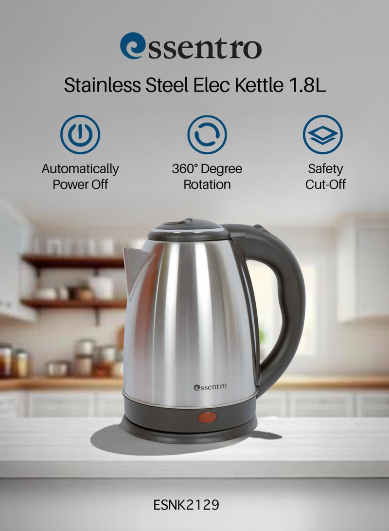 ESSENTRO Stainless Steel Electric Kettle 1.8L With 360-Degree Rotation Base,Triple Safety Protection With  Auto Shut Off, Protection From Over Heating & Dry Boil, 1500W Silver ESNK2129 - Image 2