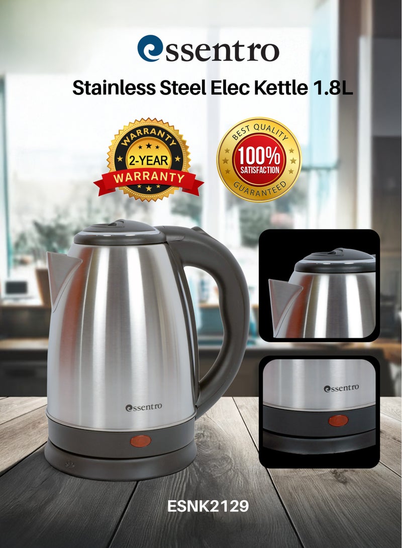 ESSENTRO Stainless Steel Electric Kettle 1.8L With 360-Degree Rotation Base,Triple Safety Protection With  Auto Shut Off, Protection From Over Heating & Dry Boil, 1500W Silver ESNK2129 - Image 3
