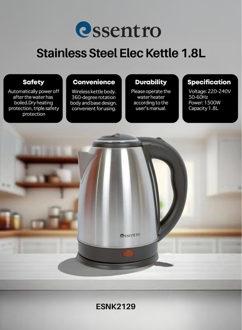 ESSENTRO Stainless Steel Electric Kettle 1.8L With 360-Degree Rotation Base,Triple Safety Protection With  Auto Shut Off, Protection From Over Heating & Dry Boil, 1500W Silver ESNK2129 - Image 4