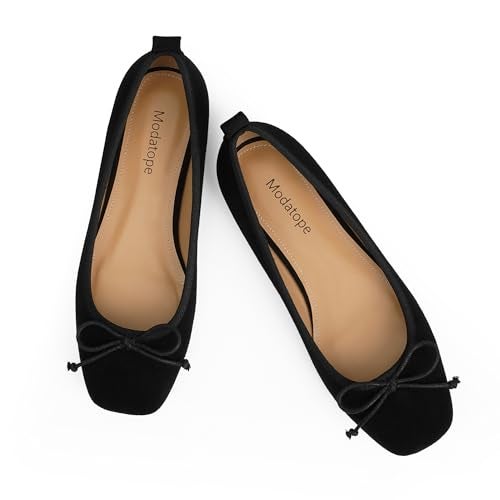 Modatope Black Flats for Women Dressy Ballet Ballerina Bow Bowknot Suede Closed Square Toe Slip on Flats Shoes Size 9 - Image 1