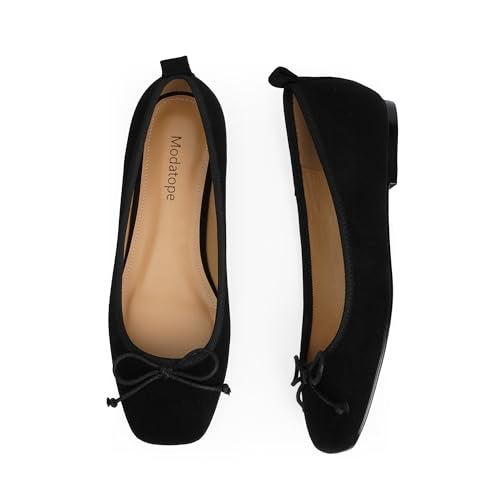 Modatope Black Flats for Women Dressy Ballet Ballerina Bow Bowknot Suede Closed Square Toe Slip on Flats Shoes Size 9 - Image 4