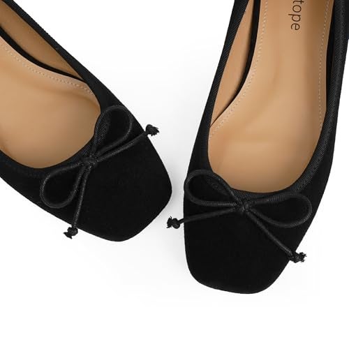 Modatope Black Flats for Women Dressy Ballet Ballerina Bow Bowknot Suede Closed Square Toe Slip on Flats Shoes Size 9 - Image 5
