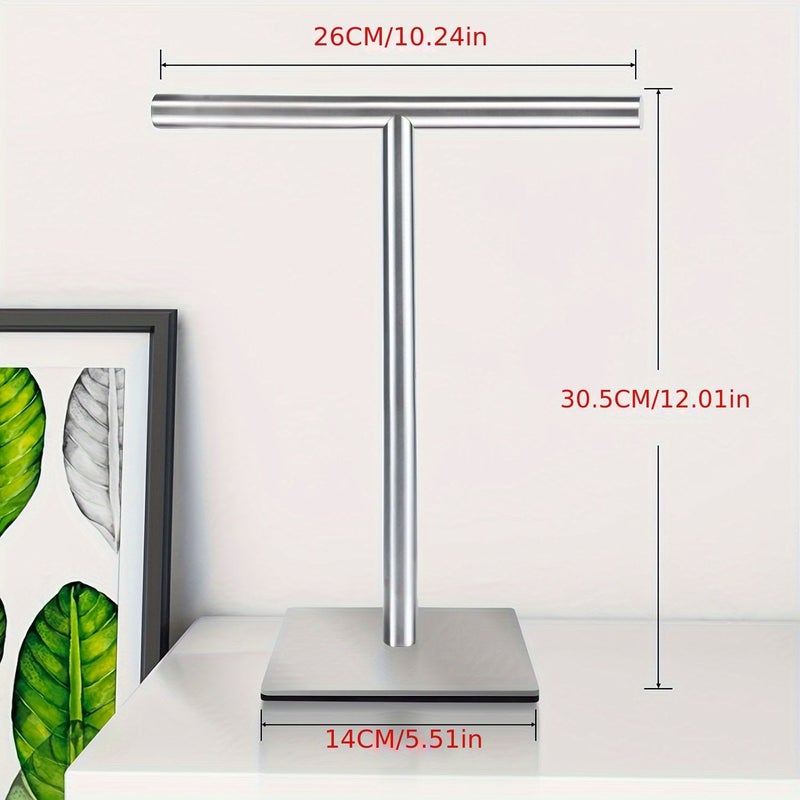 Modern Square Based T Shaped Thickened Silvery Towel Rack 304 Stainless Steel Freestanding For Bathroom Kitchen Or Vanity - Image 5