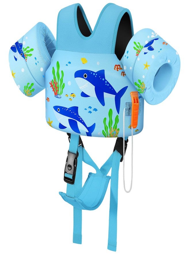 MoKo Toddler Swim Vest for Kids, Swim Arm Floaties 15-30 lbs Cartoon Swimming Water Wings with Crotch Strap, Pool Float Vests Sleeves Shoulder Straps Arm Band for Children, Blue Shark - Image 1