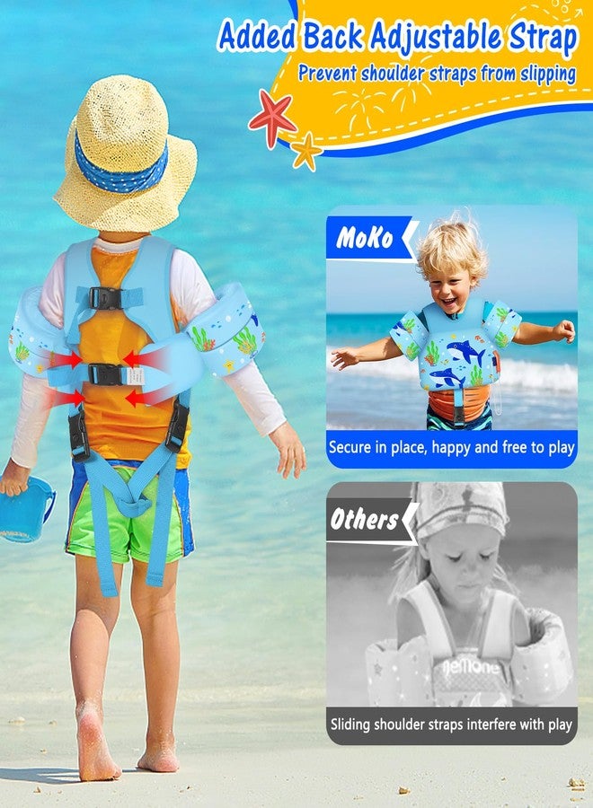 MoKo Toddler Swim Vest for Kids, Swim Arm Floaties 15-30 lbs Cartoon Swimming Water Wings with Crotch Strap, Pool Float Vests Sleeves Shoulder Straps Arm Band for Children, Blue Shark - Image 2