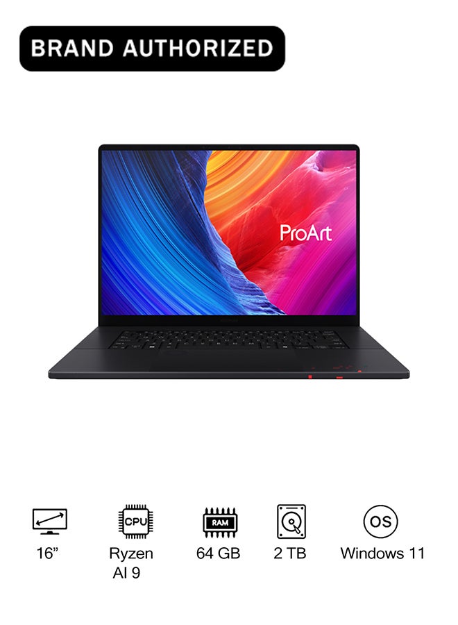 ProArt P16 Laptop With 16 Inch 3K (3840x2400) OLED Display, AMD Ryzen AI 9 HX 370 Processor/64GB RAM DDR5/2TB SSD/8GB NVIDIA GeForce RTX 5070 Graphics/Windows 11 Home/ English/Arabic Nano Black