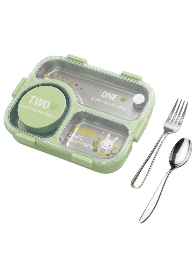 علبة غداء بينتو من الفولاذ المقاوم للصدأ مانعة للتسرب - حاوية طعام بثلاثة أقسام مع وعاء وملعقة وشوكة، علبة غداء قابلة لإعادة الاستخدام للمكتب والمدرسة والاستخدام الخارجي - أخضر - Image 1