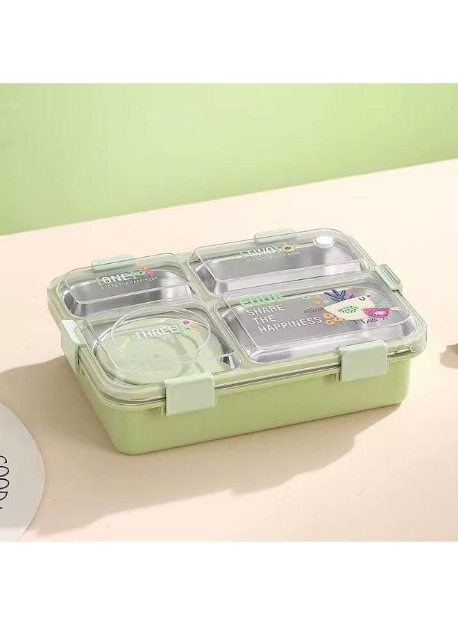 علبة غداء بينتو من الفولاذ المقاوم للصدأ مانعة للتسرب - حاوية طعام بثلاثة أقسام مع وعاء وملعقة وشوكة، علبة غداء قابلة لإعادة الاستخدام للمكتب والمدرسة والاستخدام الخارجي - أخضر - Image 3
