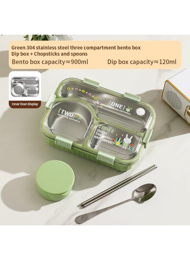 علبة غداء بينتو من الفولاذ المقاوم للصدأ مانعة للتسرب - حاوية طعام بثلاثة أقسام مع وعاء وملعقة وشوكة، علبة غداء قابلة لإعادة الاستخدام للمكتب والمدرسة والاستخدام الخارجي - أخضر - Image 4