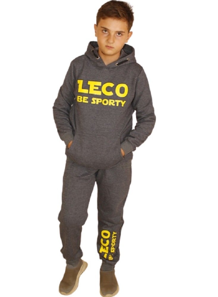 lecoo Boys winter pajama - casual -  training suit for outing, clubs and home - cotton - Grey color - pockets with pants and jacket - with a head cover - Image 2