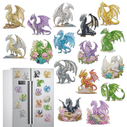 Sitsink Dragon Diamond Painting Magnets - 16 Pcs Small Diamond Art Kits for Adults Refrigerator Stickers, Fantasy Animal Dragon DIY Crafts Making - Image 1