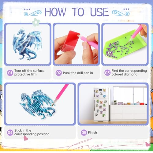 Sitsink Dragon Diamond Painting Magnets - 16 Pcs Small Diamond Art Kits for Adults Refrigerator Stickers, Fantasy Animal Dragon DIY Crafts Making - Image 5