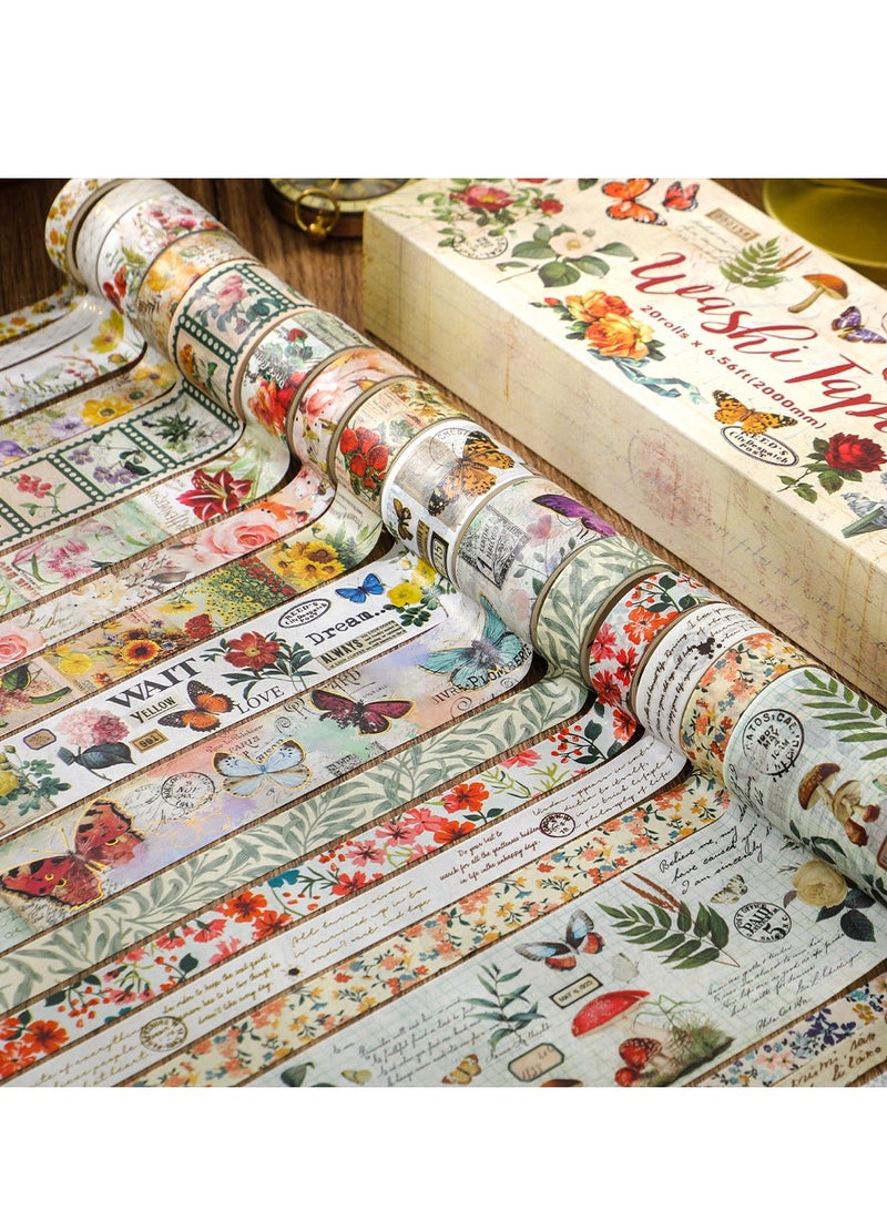 20 rolls Vintage Plant Washi Tape Set Butterfly Flower Masking Tape For Notebook Scrapbooking Journal Supplies - Image 4