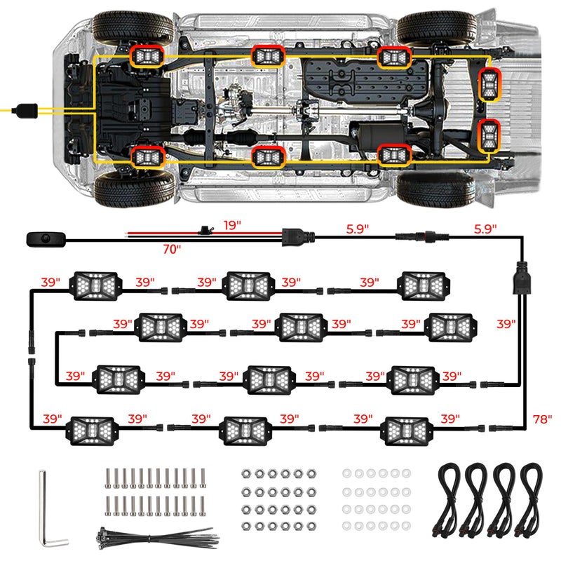Auto Buero 12 Pods Pure White LED Rock Lights Kit with Switch Wiring Harness,6500K 324 LEDs Bright Rock Lights for Trucks,Waterproof Underglow Light for Car Jeep Off Road ATV UTV SUV - Image 5