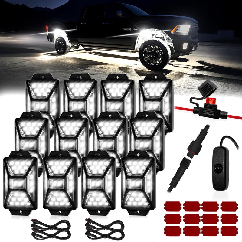 Auto Buero 12 Pods Pure White LED Rock Lights Kit with Switch Wiring Harness,6500K 324 LEDs Bright Rock Lights for Trucks,Waterproof Underglow Light for Car Jeep Off Road ATV UTV SUV - Image 1