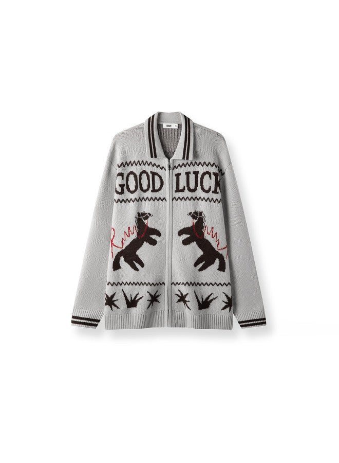 Semir New Year Qi Ji Red | Men's Spring  Loose Fit Polo Collar Sweater With Pony Letter Jacquard Couple Red Jacket - Image 5
