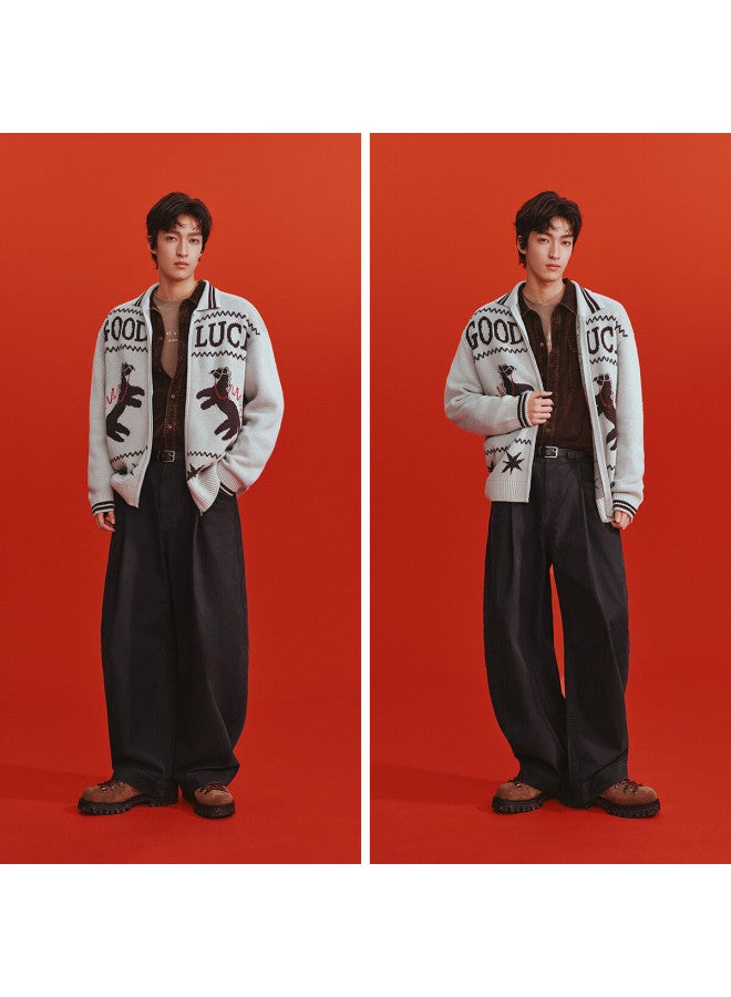 Semir New Year Qi Ji Red | Men's Spring  Loose Fit Polo Collar Sweater With Pony Letter Jacquard Couple Red Jacket - Image 3