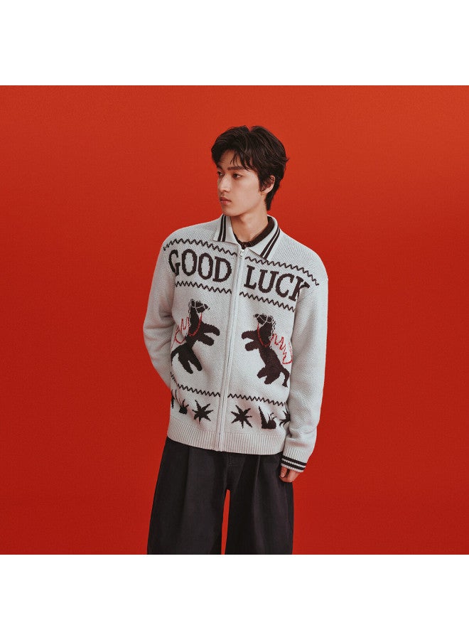 Semir New Year Qi Ji Red | Men's Spring  Loose Fit Polo Collar Sweater With Pony Letter Jacquard Couple Red Jacket - Image 2