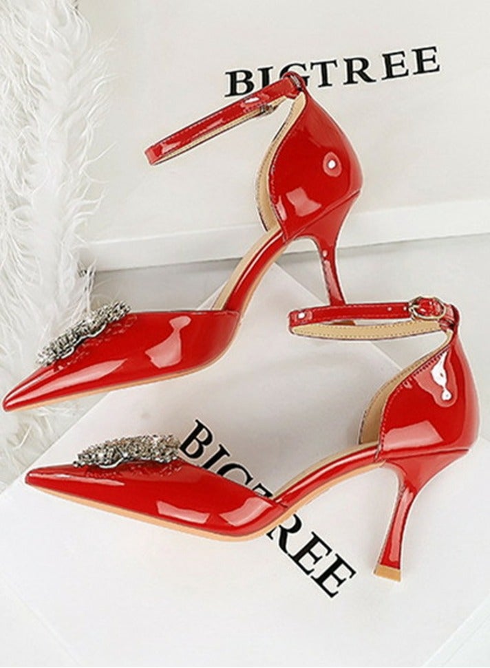 بيج تري المرأة مغلقة أشارت إصبع القدم مضخة الراينستون قوس الديكور كعب عالي الأحمر 8CM - Image 2