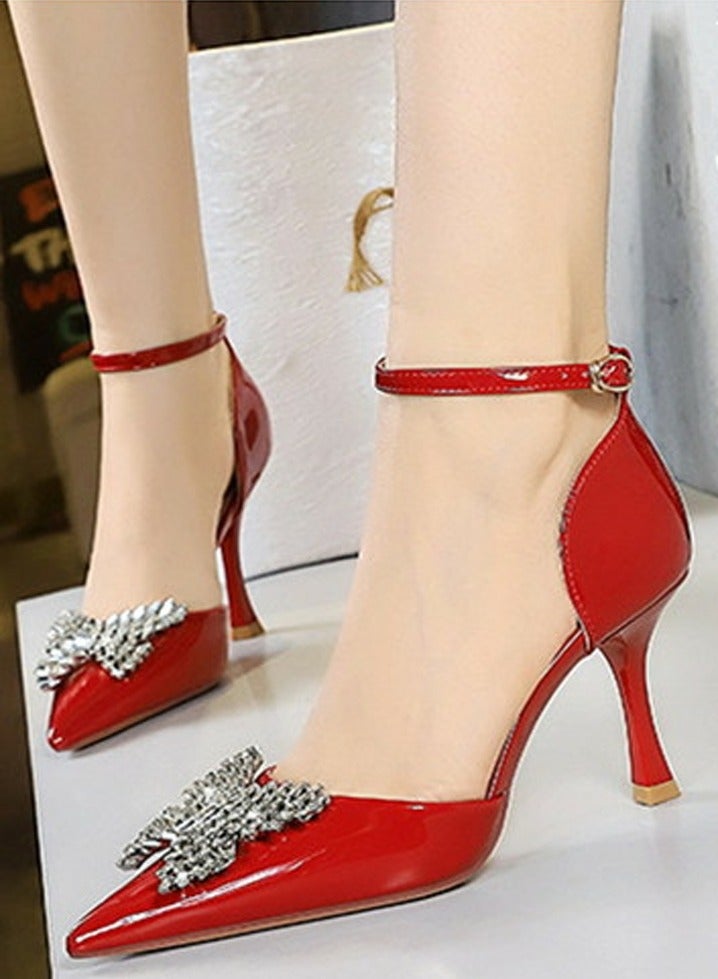 بيج تري المرأة مغلقة أشارت إصبع القدم مضخة الراينستون قوس الديكور كعب عالي الأحمر 8CM - Image 3