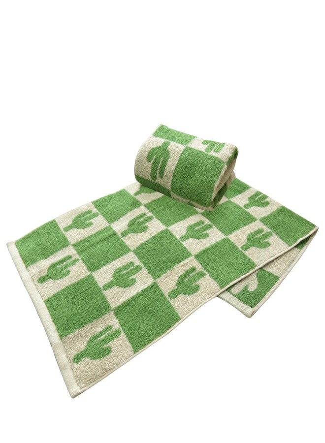 USTIDE 2 Piece Premium Cute Cactus Bath Towel Set 100% Cotton Soft Absorbent Bathroom Hand Towels Green Checked Hand Towel for Bathroom Kitchen Sports, 14x30 Inch - Image 2