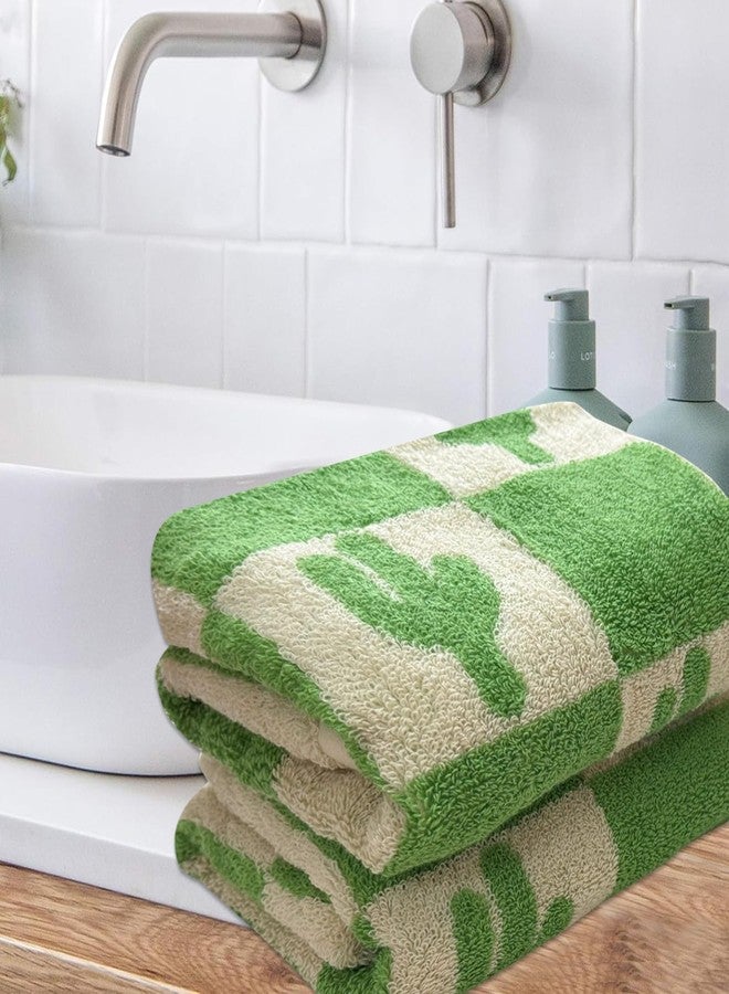 USTIDE 2 Piece Premium Cute Cactus Bath Towel Set 100% Cotton Soft Absorbent Bathroom Hand Towels Green Checked Hand Towel for Bathroom Kitchen Sports, 14x30 Inch - Image 3