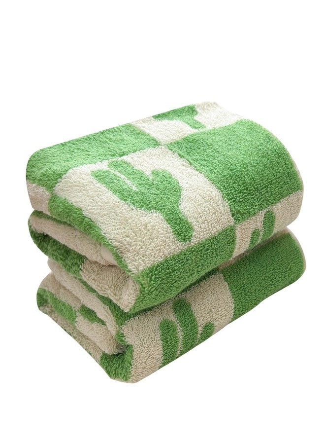USTIDE 2 Piece Premium Cute Cactus Bath Towel Set 100% Cotton Soft Absorbent Bathroom Hand Towels Green Checked Hand Towel for Bathroom Kitchen Sports, 14x30 Inch - Image 1