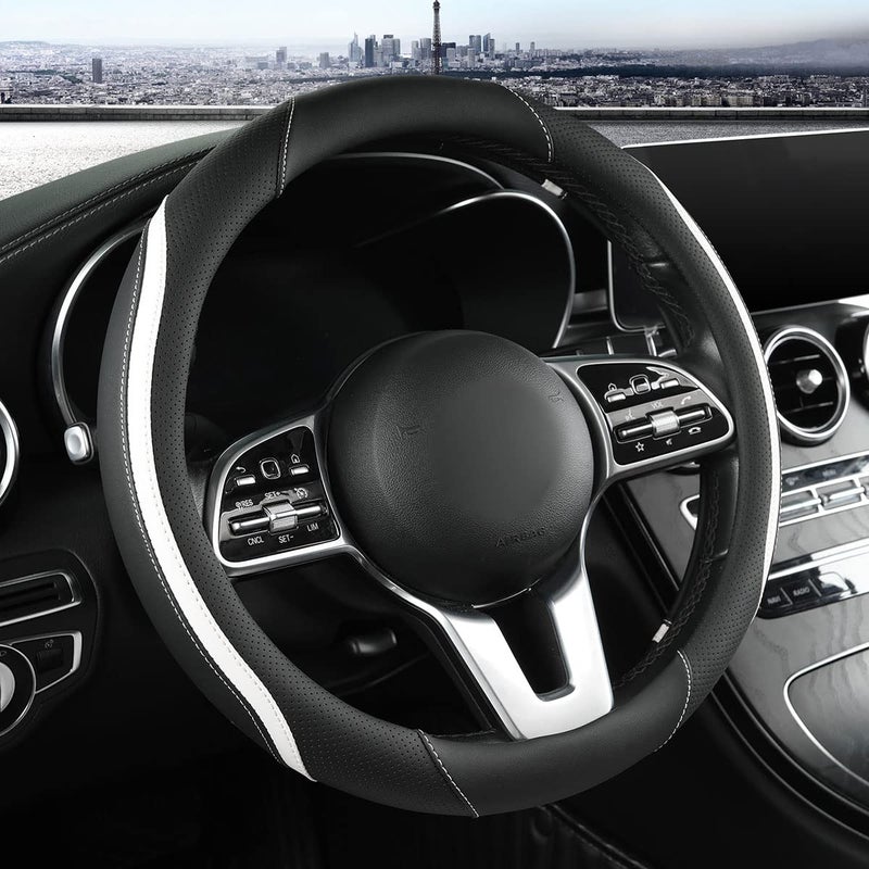 Car Steering Wheel Cover Leather Steering Wheel Cover White Universal 14515 Inch Microfiber Leather AntiSlip Breathable Auto Steering Wheel Covers for Men WomenBlack  White