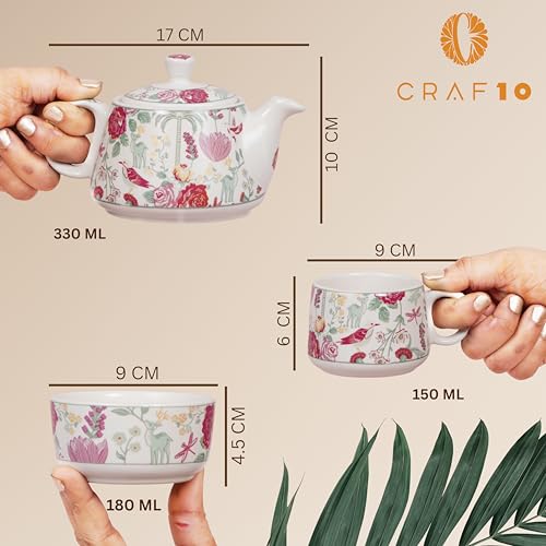 CRAF10 Ceramic Handcrafted Blossom Breeze Small Tea Set - 1 Kettle (350 ML), 2 Cups (160 ML), 1 Bowl (for Sugar or Snacks), 1 Tray | Microwave & Dishwasher Safe | Teapot | Gifting Option - Image 4