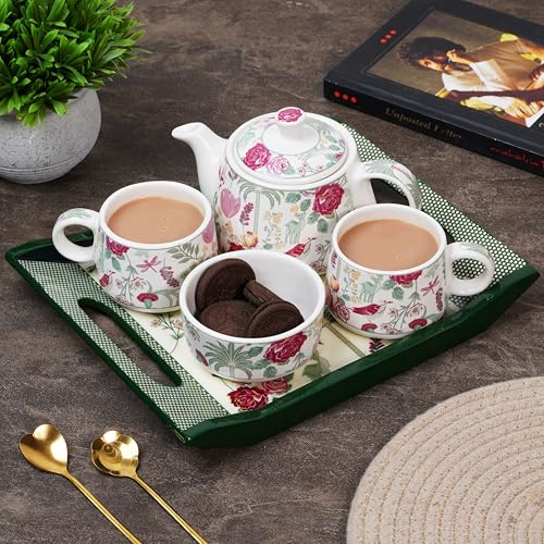 CRAF10 Ceramic Handcrafted Blossom Breeze Small Tea Set - 1 Kettle (350 ML), 2 Cups (160 ML), 1 Bowl (for Sugar or Snacks), 1 Tray | Microwave & Dishwasher Safe | Teapot | Gifting Option - Image 2