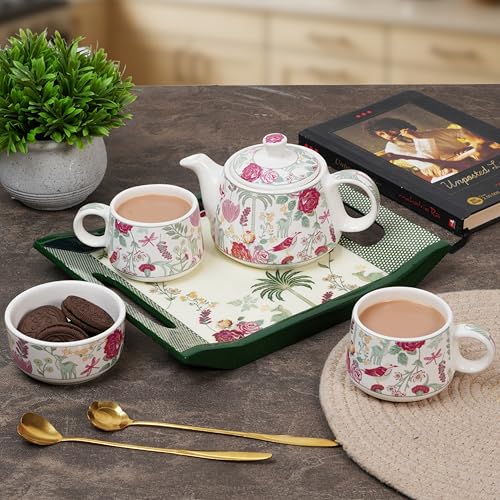 CRAF10 Ceramic Handcrafted Blossom Breeze Small Tea Set - 1 Kettle (350 ML), 2 Cups (160 ML), 1 Bowl (for Sugar or Snacks), 1 Tray | Microwave & Dishwasher Safe | Teapot | Gifting Option - Image 1