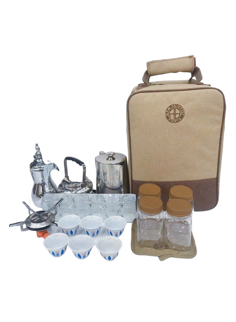 Albawadi Arabic Camping Tea Coffee Kits with Stove Teapot Cup Windboard Bag Sets - Image 1