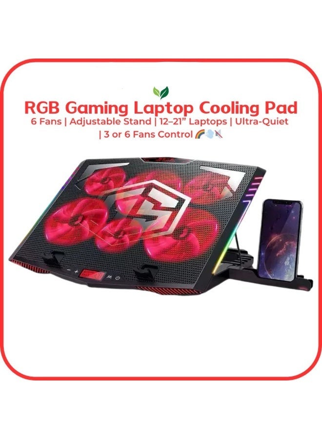 قاعدة تبريد K7 RGB لأجهزة الكمبيوتر المحمولة المخصصة للألعاب | 6 مراوح | حامل قابل للتعديل | تناسب أجهزة الكمبيوتر المحمولة من 12 إلى 21 بوصة | منفذ USB فائق الهدوء - Image 1
