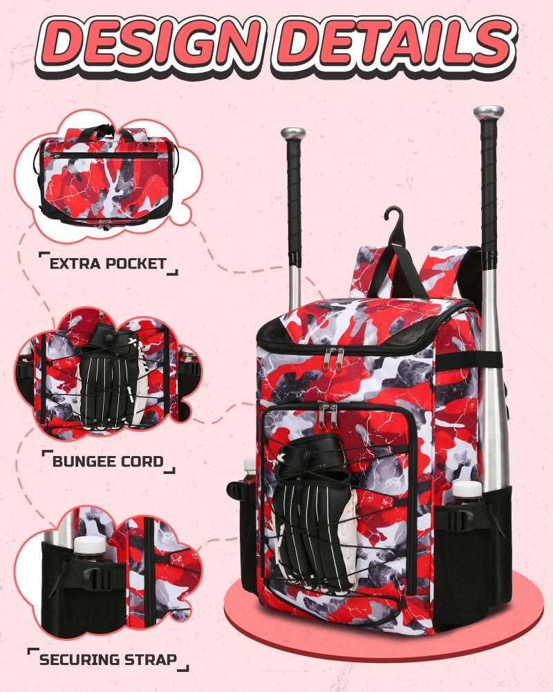 FOKDUVB Baseball Softball Gear Bag Backpack for Boys Girls Ages 8-12 12-14 Large Kids Youth Bat Bag with Ventilated Shoe Compartment Baseball Softball Players Stuff Supplies (Red, Camouflage) - Image 4